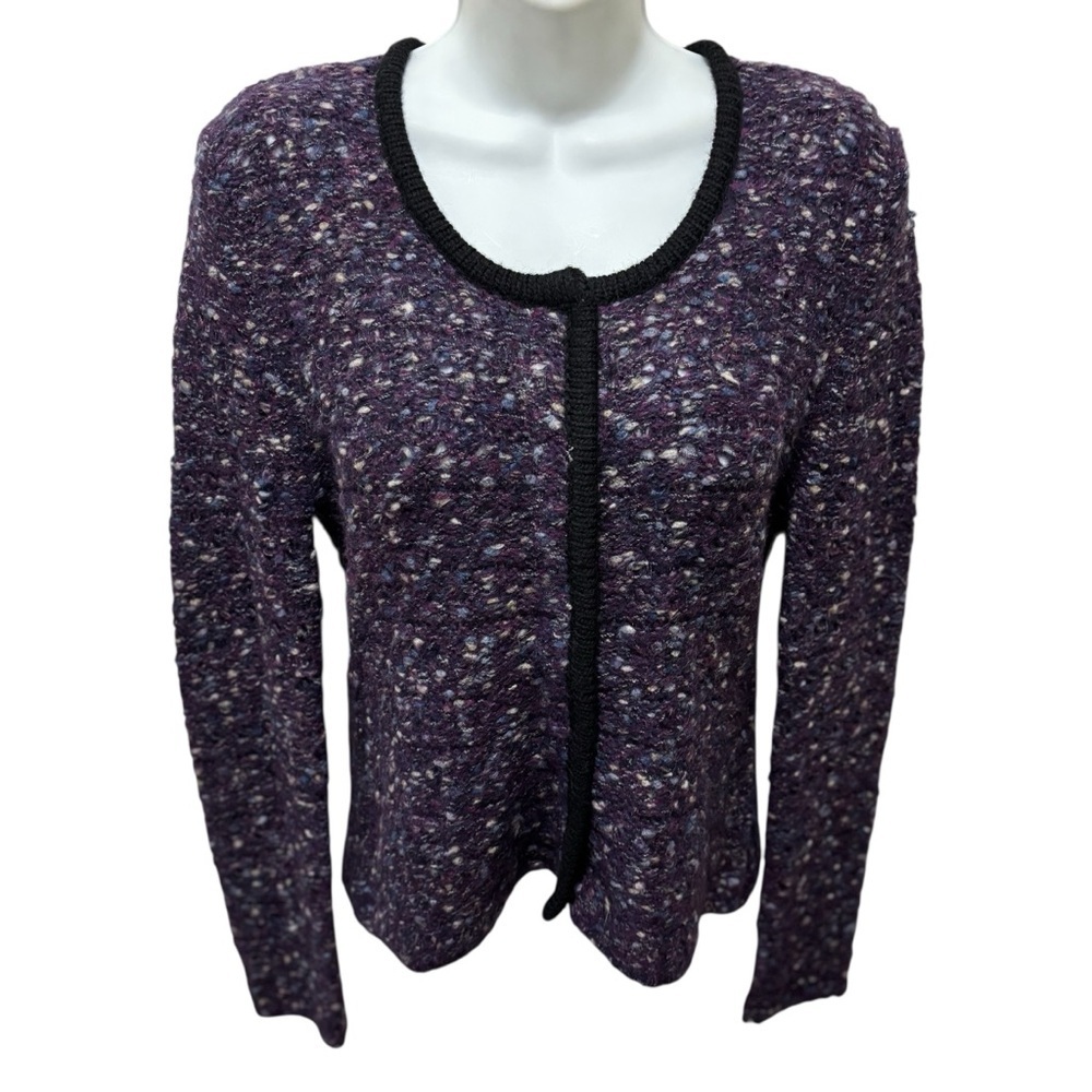 Garnet Hill Chunky Cardigan Sweater Wool Blend Snap Up Purple Black Trim Sz S